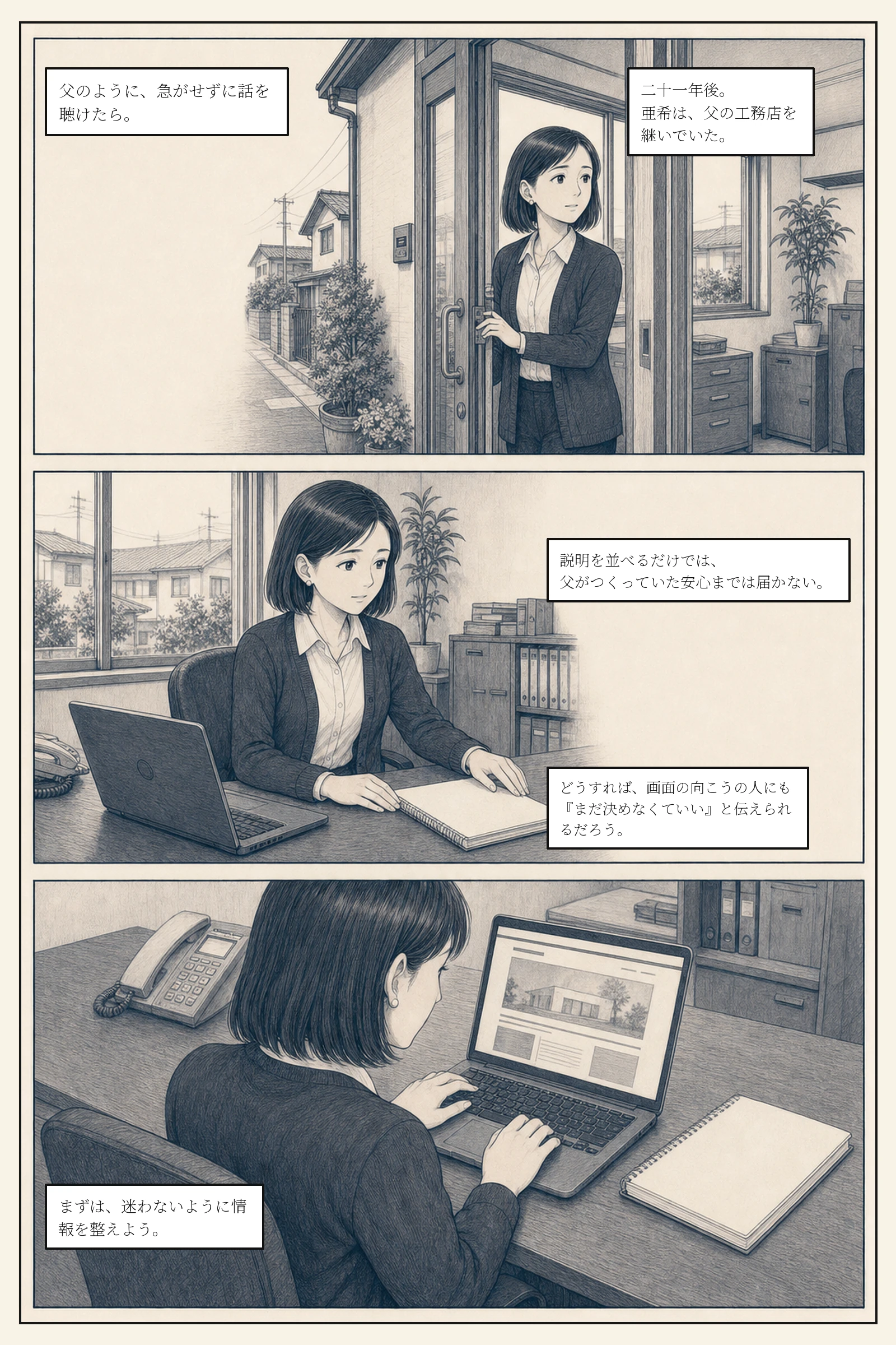 現在、工務店を継いだ亜希が父のメモ帳とサイトを見比べる